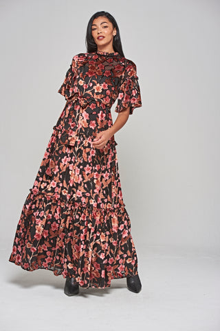 Frock & Frill Talise Black Floral Burnout Velvet Maxi Dress