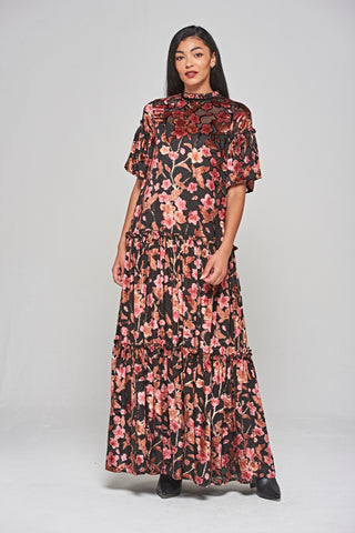 Frock & Frill Talise Black Floral Burnout Velvet Maxi Dress