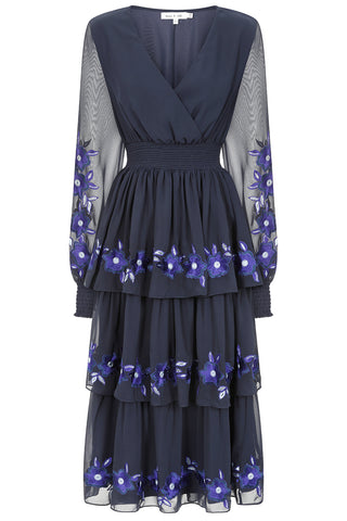 Frock & Frill Tamsin Navy Floral Embroidered Midi Dress With Tiered Skirt