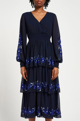 Frock & Frill Tamsin Navy Floral Embroidered Midi Dress With Tiered Skirt