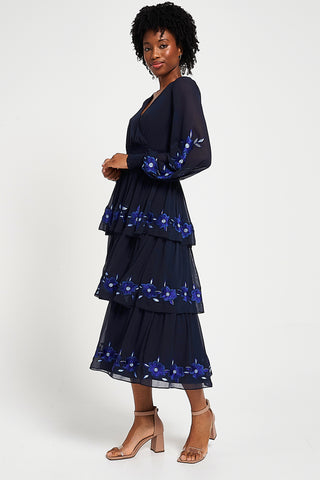 Frock & Frill Tamsin Navy Floral Embroidered Midi Dress With Tiered Skirt