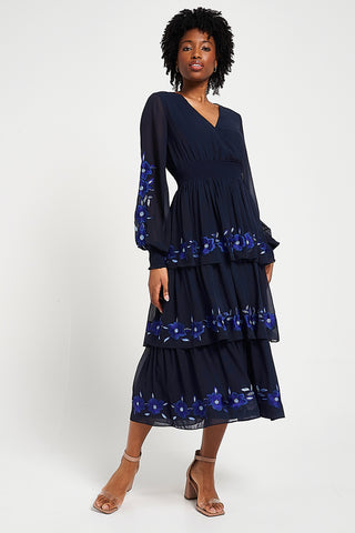 frock & frill Tamsin Navy Floral Embroidered Midi Dress with Tiered Skirt