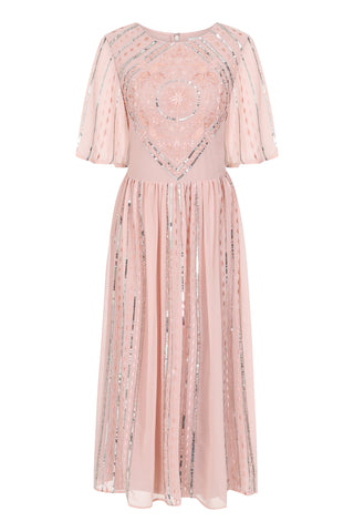 Frock & Frill Tansy Blush Embellished And Embroidered Midi Dress