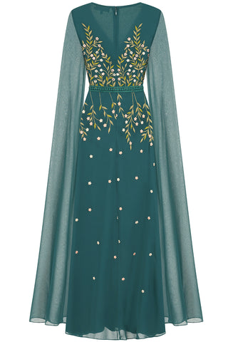 Frock & Frill Thalia Green Embroidered Cape Sleeve Maxi Dress