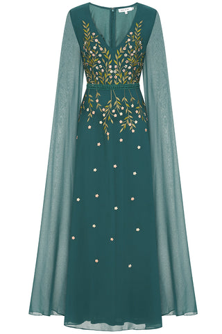 frock & frill Thalia Green Embroidered Cape Sleeve Maxi Dress
