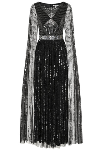 Frock & Frill Ula Black Embellished Cape Sleeve Maxi Dress