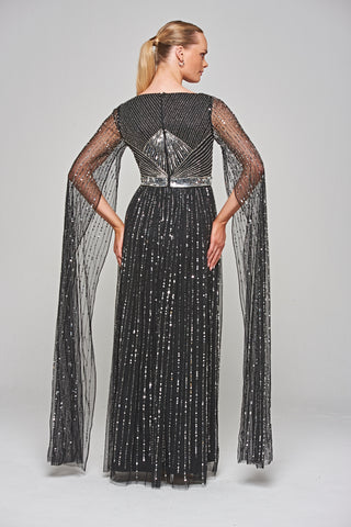 Frock & Frill Ula Black Embellished Cape Sleeve Maxi Dress