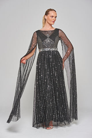 frock & frill Ula Black Embellished Cape Sleeve Maxi Dress