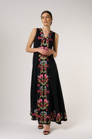 Frock & Frill Valentina Black Floral Embroidered Maxi Dress With Pleated Cape