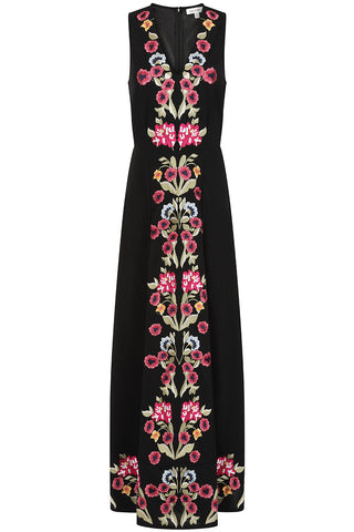 Frock & Frill Valentina Black Floral Embroidered Maxi Dress With Pleated Cape