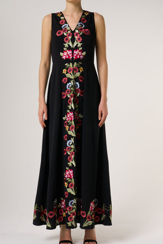 Frock & Frill Valentina Black Floral Embroidered Maxi Dress With Pleated Cape