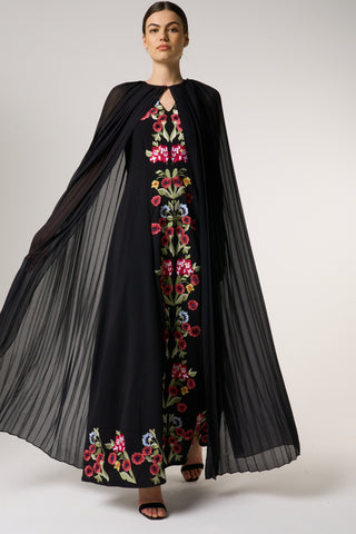 frock & frill Valentina Black Floral Embroidered Maxi Dress with Pleated Cape