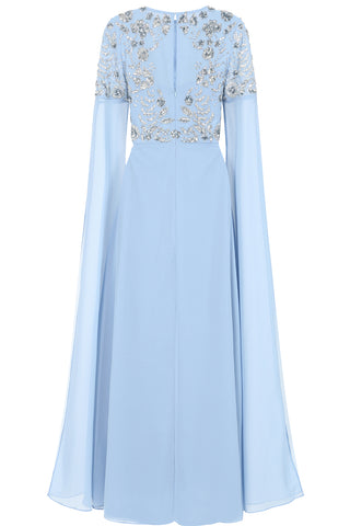 Frock & Frill Vera Blue Embellished Cape Sleeve Maxi Dress