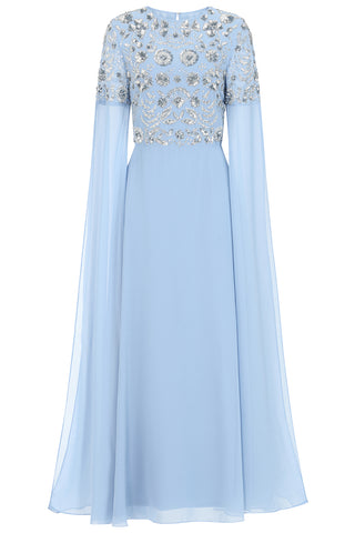 frock & frill Vera Blue Embellished Cape Sleeve Maxi Dress