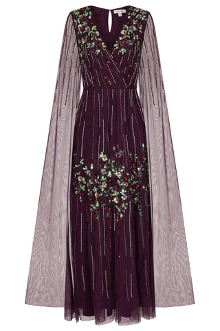 Frock & Frill Verbena Purple Cape Sleeve Floral Embellished Maxi Dress