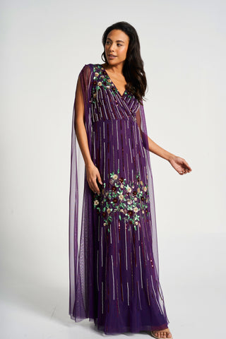 Frock & Frill Verbena Purple Cape Sleeve Floral Embellished Maxi Dress