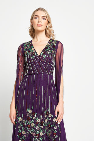 Frock & Frill Verbena Purple Cape Sleeve Floral Embellished Maxi Dress