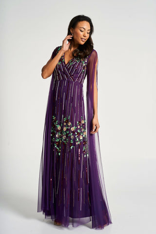 frock & frill Verbena Purple Cape Sleeve Floral Embellished Maxi Dress