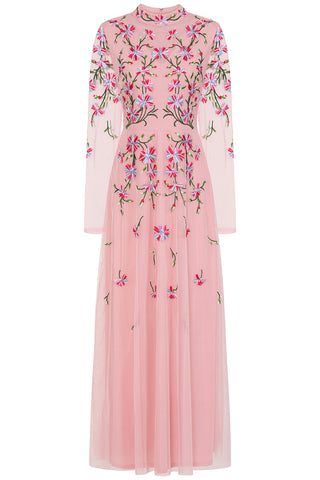 Frock & Frill Verena Pink Floral Embroidered Maxi Dress