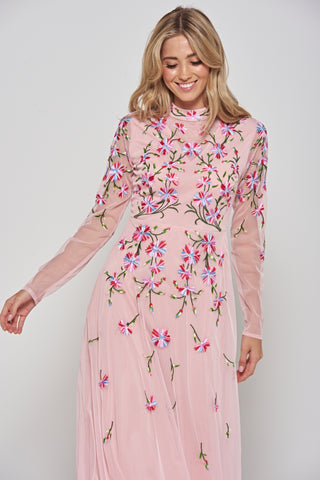 Frock & Frill Verena Pink Floral Embroidered Maxi Dress