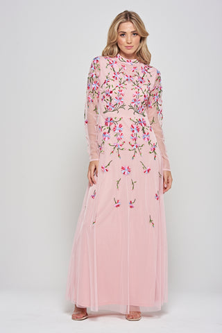 Frock & Frill Verena Pink Floral Embroidered Maxi Dress