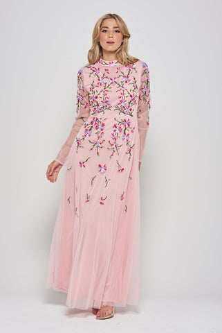 frock & frill Verena Pink Floral Embroidered Maxi Dress