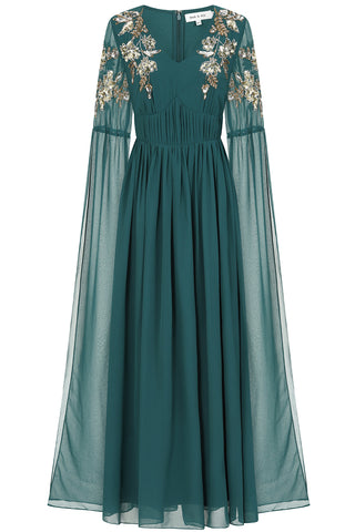 Frock & Frill Verity Green Embellished Cape Sleeve Maxi Dress