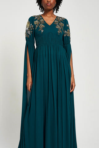 Frock & Frill Verity Green Embellished Cape Sleeve Maxi Dress