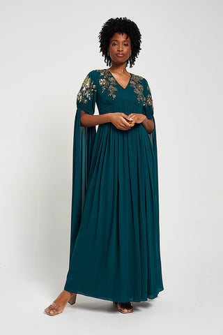 Frock & Frill Verity Green Embellished Cape Sleeve Maxi Dress