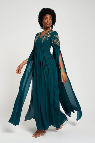 frock & frill Verity Green Embellished Cape Sleeve Maxi Dress