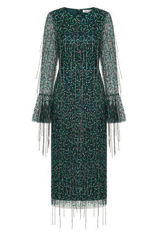Frock & Frill Wren Green Sequin Midi Dress With Beaded Tassels
