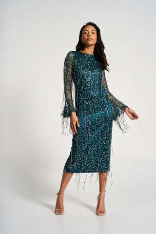 Frock & Frill Wren Green Sequin Midi Dress With Beaded Tassels