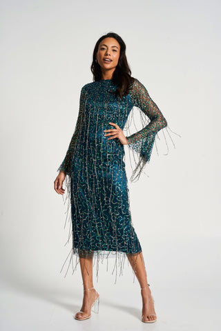 frock & frill Wren Green Sequin Midi Dress with Beaded Tassels
