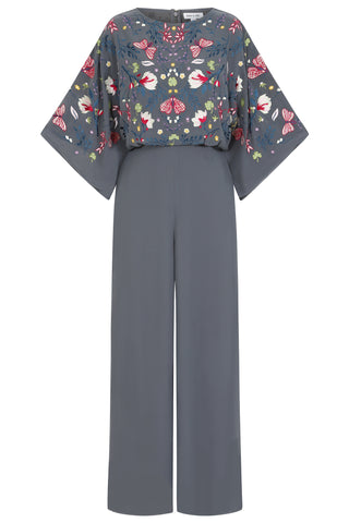 frock & frill Yareli Charcoal Floral Embroidered Jumpsuit