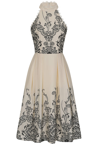 Frock & Frill Zalie Off White Embroidered Halter Neck Midi Dress