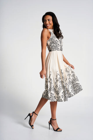 Frock & Frill Zalie Off White Embroidered Halter Neck Midi Dress