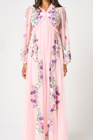 Frock & Frill Zaria Blush Floral Embroidered Maxi Dress