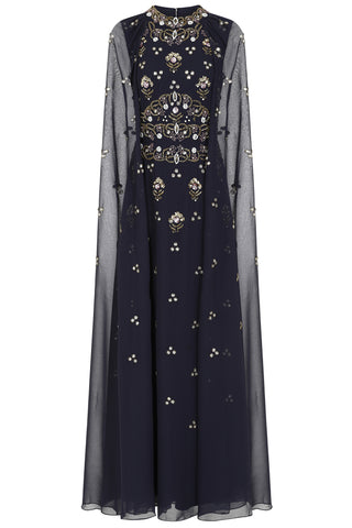 Frock & Frill Zarna Navy Embellished Maxi Dress With Cape Sleeves