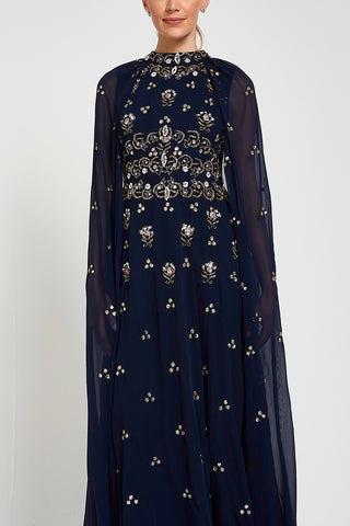 Frock & Frill Zarna Navy Embellished Maxi Dress With Cape Sleeves