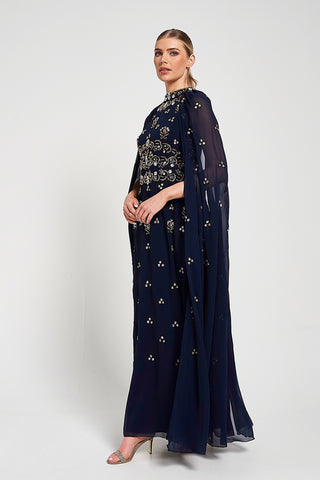 Frock & Frill Zarna Navy Embellished Maxi Dress With Cape Sleeves