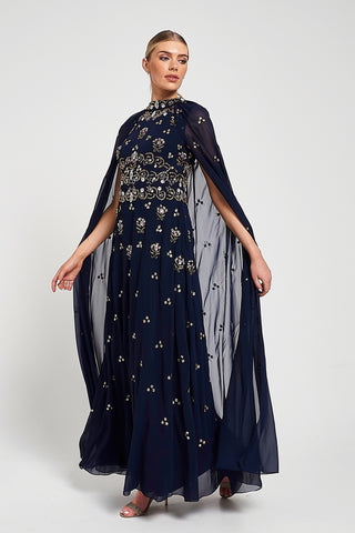 frock & frill Zarna Navy Embellished Maxi Dress with Cape Sleeves