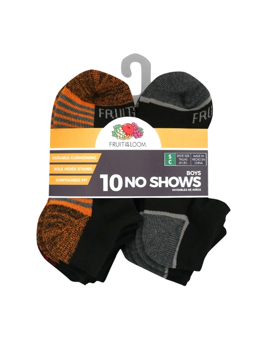 Fruit Of The Loom Boys' Sport No Show Socks Black 10 Pack