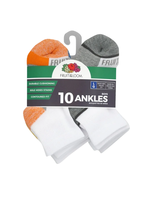 Fruit Of The Loom Boys' Sport Ankle Socks 10 Pack