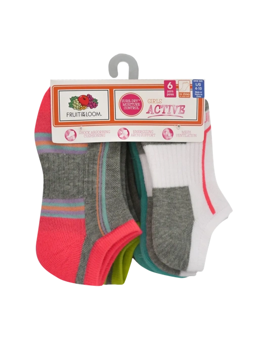 Fruit Of The Loom Girls' Active No Show Socks Assorted 6 Pack