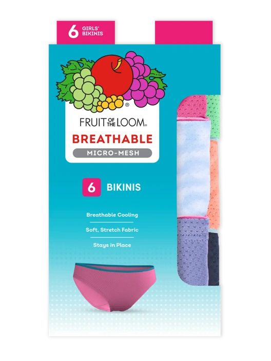 Fruit Of The Loom Girls' Breathable Micro-Mesh Bikini Panty Assorted 6 Pack
