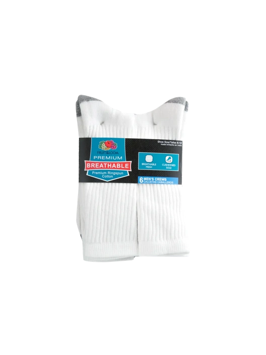 Fruit Of The Loom Men's Breathable Crew Socks White 6 Pack