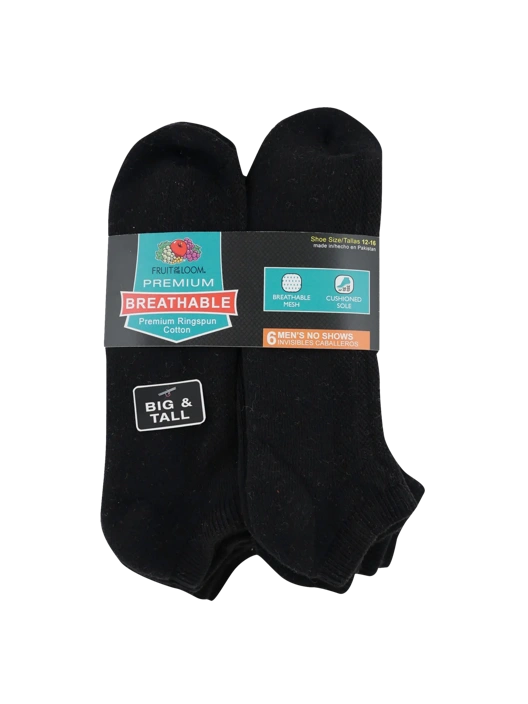 Fruit Of The Loom Men's Breathable No Show Socks Black 6 Pack