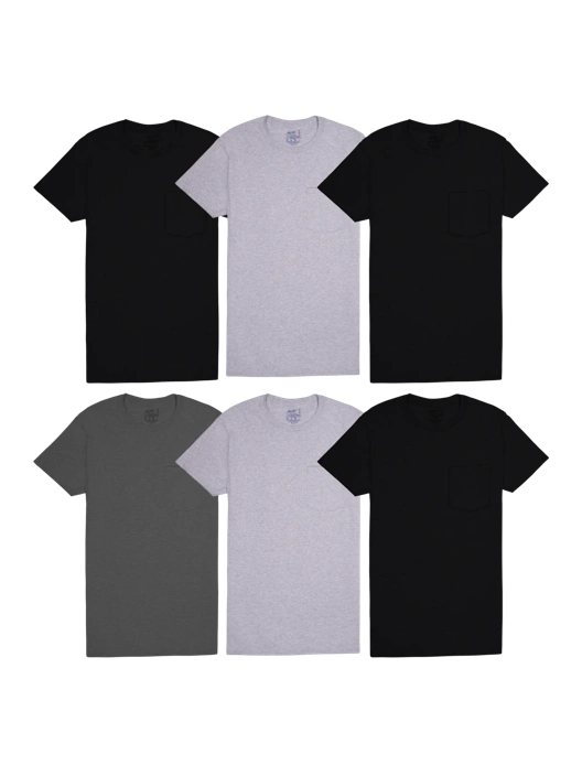 fruit of the loom Men's Classic Fit Pocket T-Shirt Extended Sizes Black and Gray 6 Pack