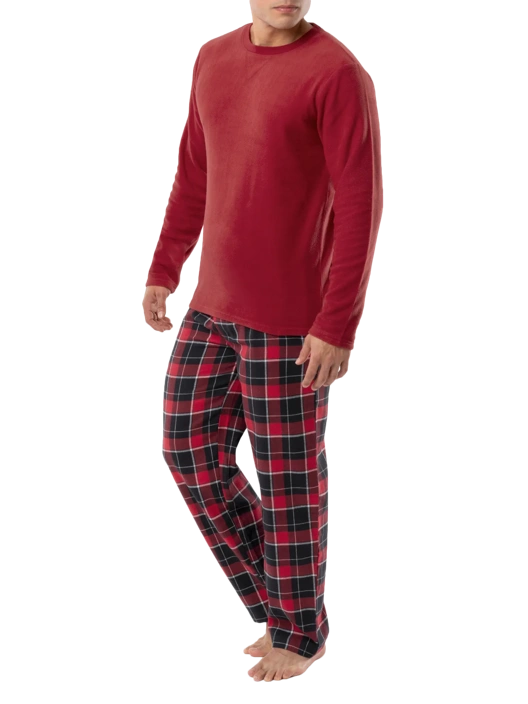 Fruit Of The Loom Men's Long Sleeve Fleece Crew And Flannel Sleep Pant 2 Piece Set