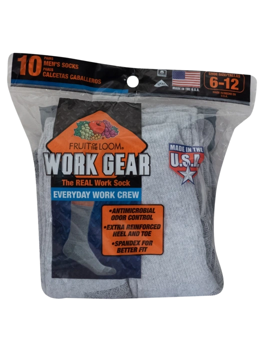 Fruit Of The Loom Men's Work Gear™ Crew Socks Gray 10 Pack Size 6-12